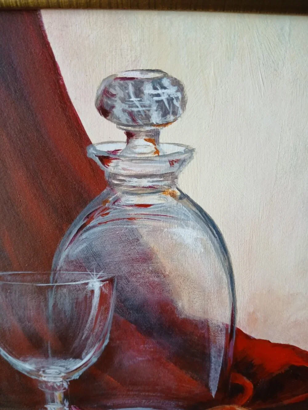 Vintage Still Life Oil Painting, Glass Decanter with Peach, BarCore
